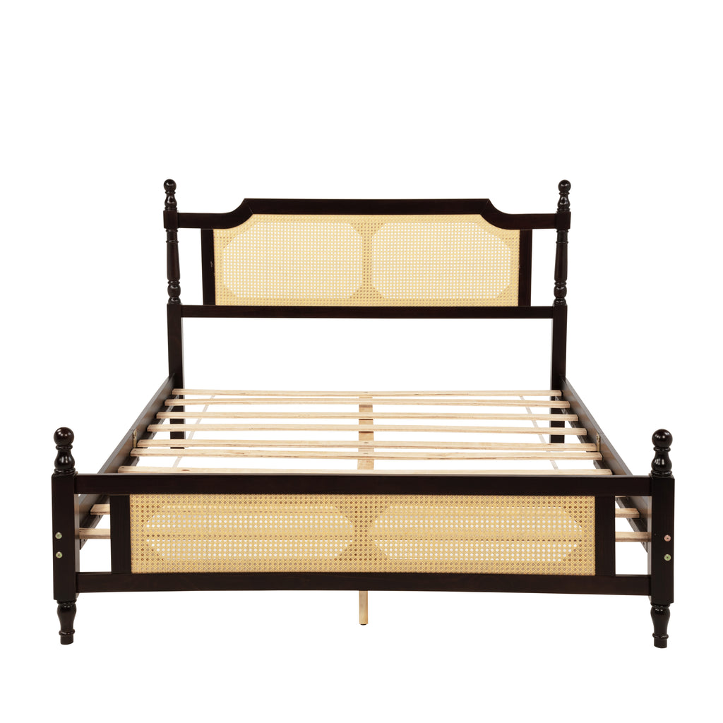 Queen Pine wooden Bed with Rattan Headboard and Footboard, with Central Enhanced Bed Platform ,Espresso