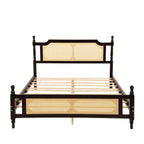 Queen Pine wooden Bed with Rattan Headboard and Footboard, with Central Enhanced Bed Platform ,Espresso