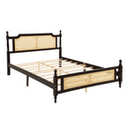 Queen Pine wooden Bed with Rattan Headboard and Footboard, with Central Enhanced Bed Platform ,Espresso