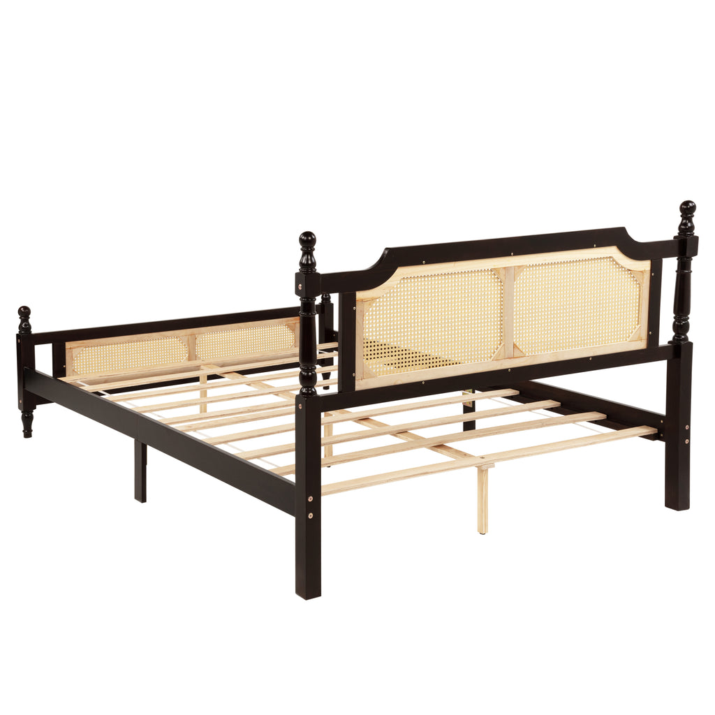 Queen Pine wooden Bed with Rattan Headboard and Footboard, with Central Enhanced Bed Platform ,Espresso