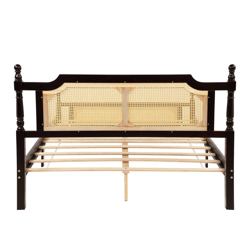 Queen Pine wooden Bed with Rattan Headboard and Footboard, with Central Enhanced Bed Platform ,Espresso