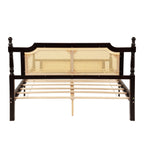 Queen Pine wooden Bed with Rattan Headboard and Footboard, with Central Enhanced Bed Platform ,Espresso