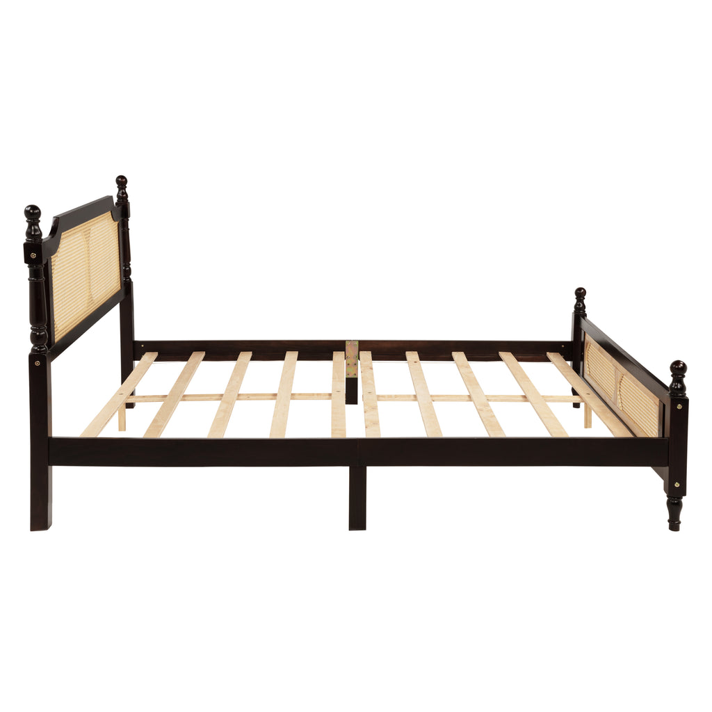 Queen Pine wooden Bed with Rattan Headboard and Footboard, with Central Enhanced Bed Platform ,Espresso
