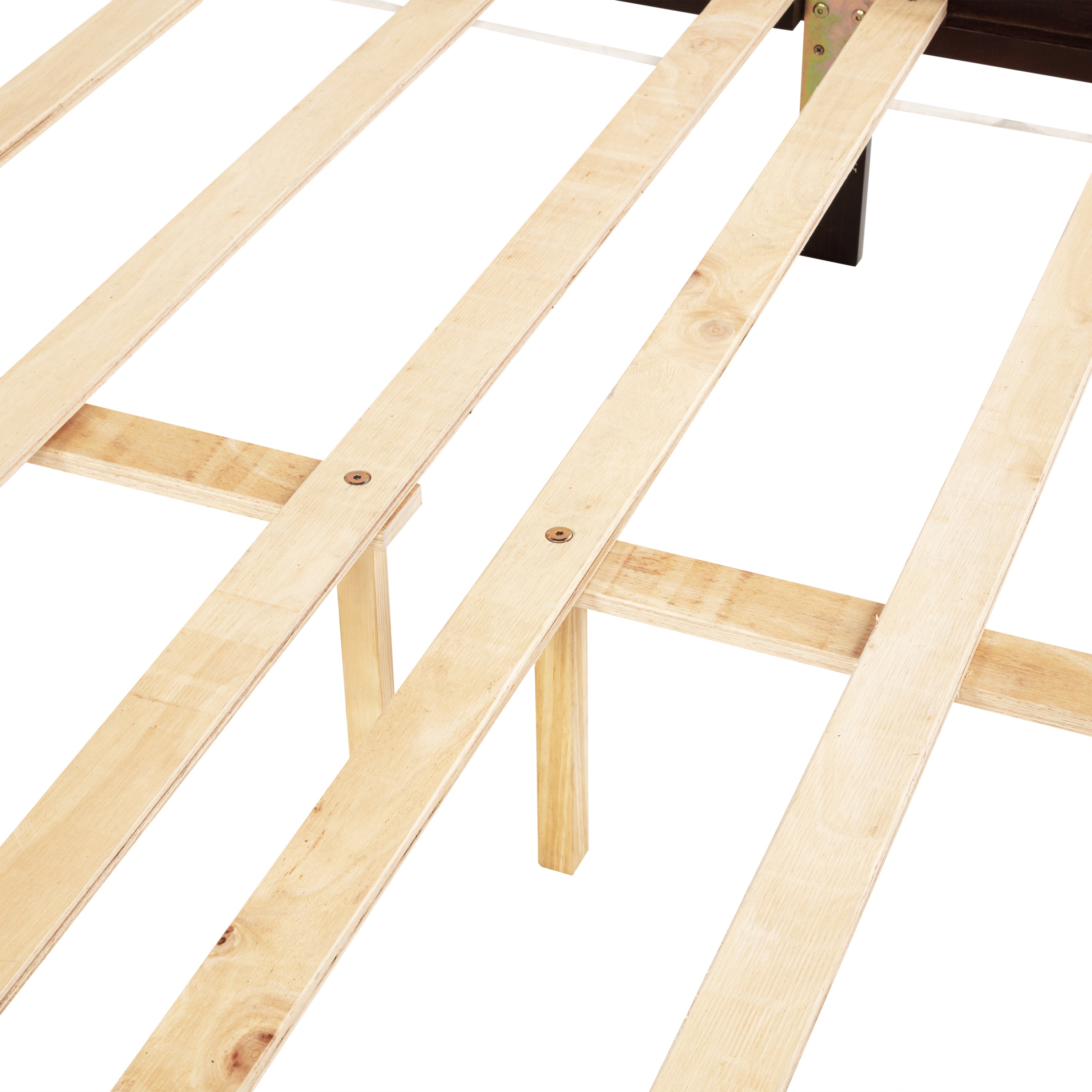 Queen Pine wooden Bed with Rattan Headboard and Footboard, with Central Enhanced Bed Platform ,Espresso