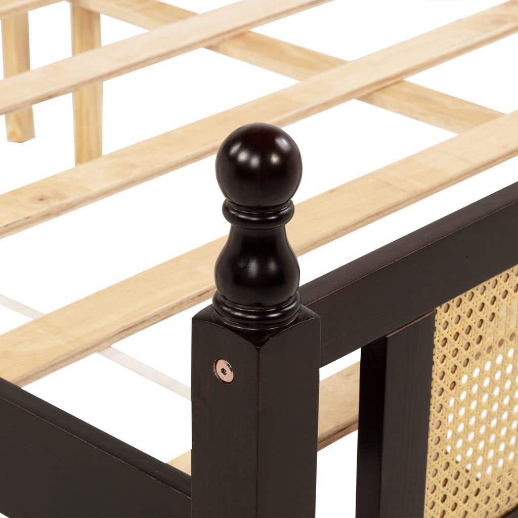 Queen Pine wooden Bed with Rattan Headboard and Footboard, with Central Enhanced Bed Platform ,Espresso