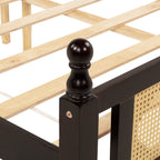 Queen Pine wooden Bed with Rattan Headboard and Footboard, with Central Enhanced Bed Platform ,Espresso