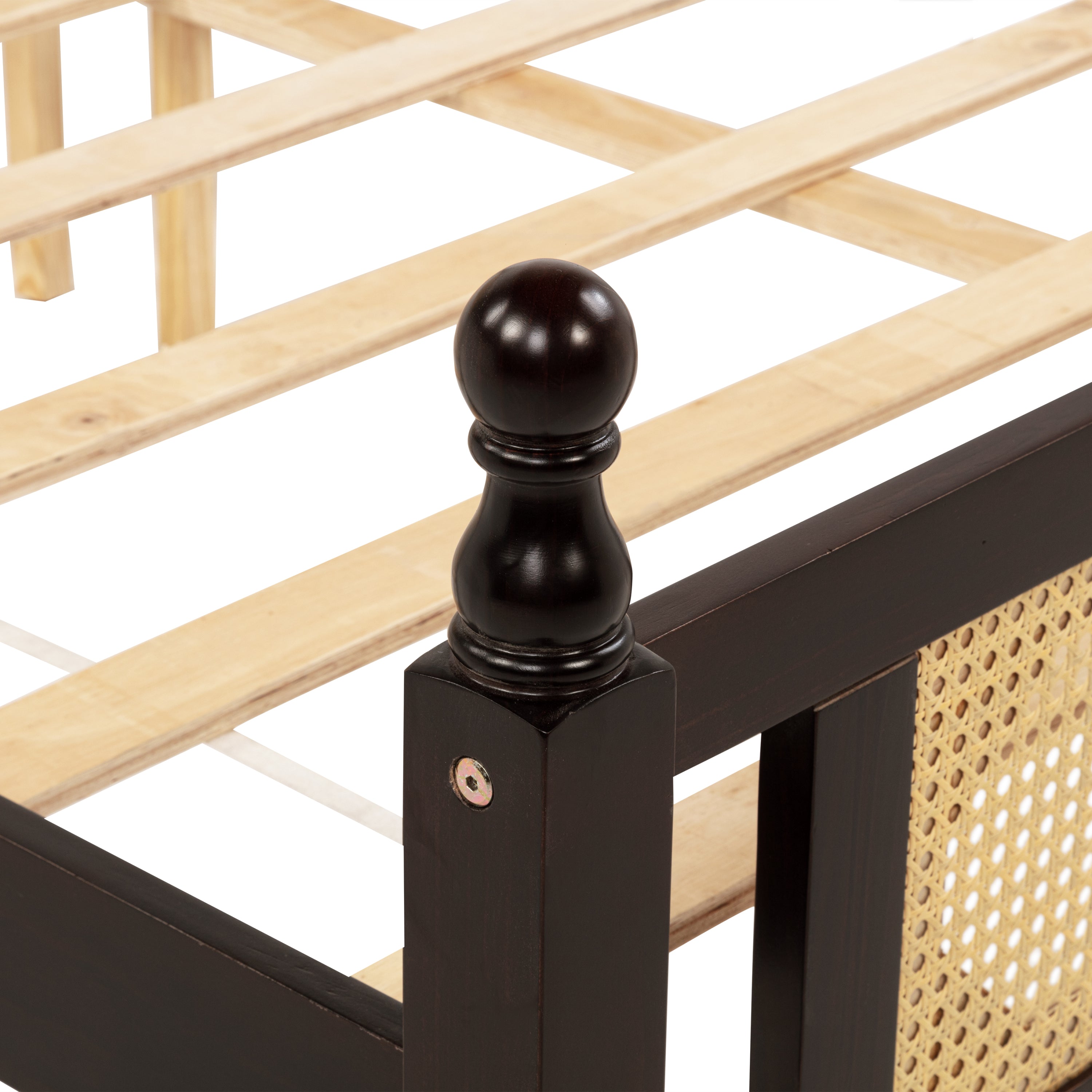 Queen Pine wooden Bed with Rattan Headboard and Footboard, with Central Enhanced Bed Platform ,Espresso