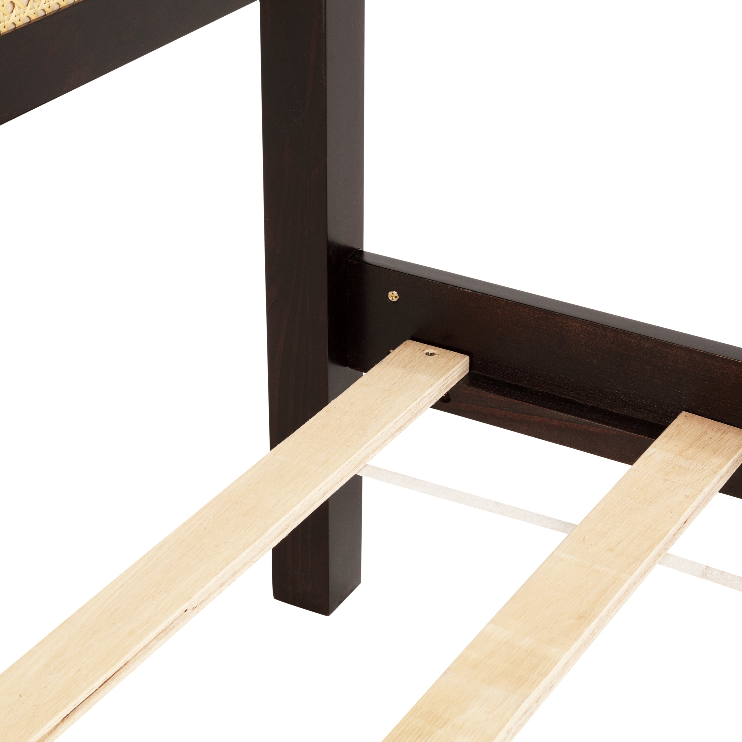 Queen Pine wooden Bed with Rattan Headboard and Footboard, with Central Enhanced Bed Platform ,Espresso