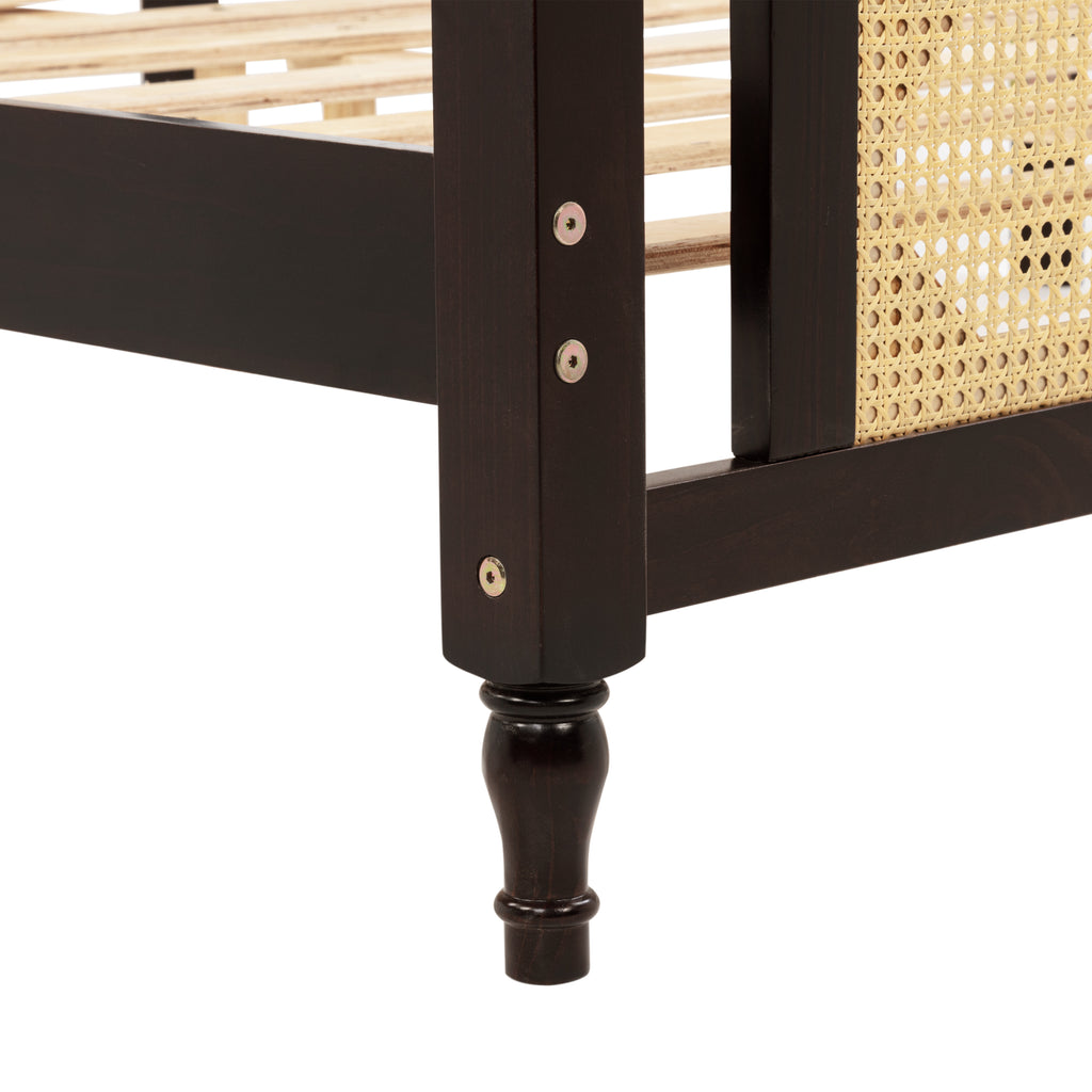 Queen Pine wooden Bed with Rattan Headboard and Footboard, with Central Enhanced Bed Platform ,Espresso