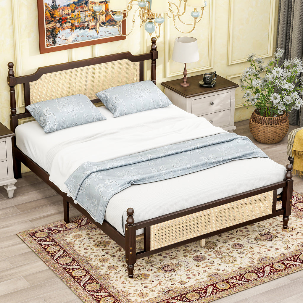 Queen Pine wooden Bed with Rattan Headboard and Footboard, with Central Enhanced Bed Platform ,Espresso