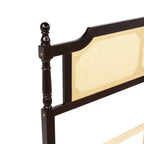 Queen Pine wooden Bed with Rattan Headboard and Footboard, with Central Enhanced Bed Platform ,Espresso