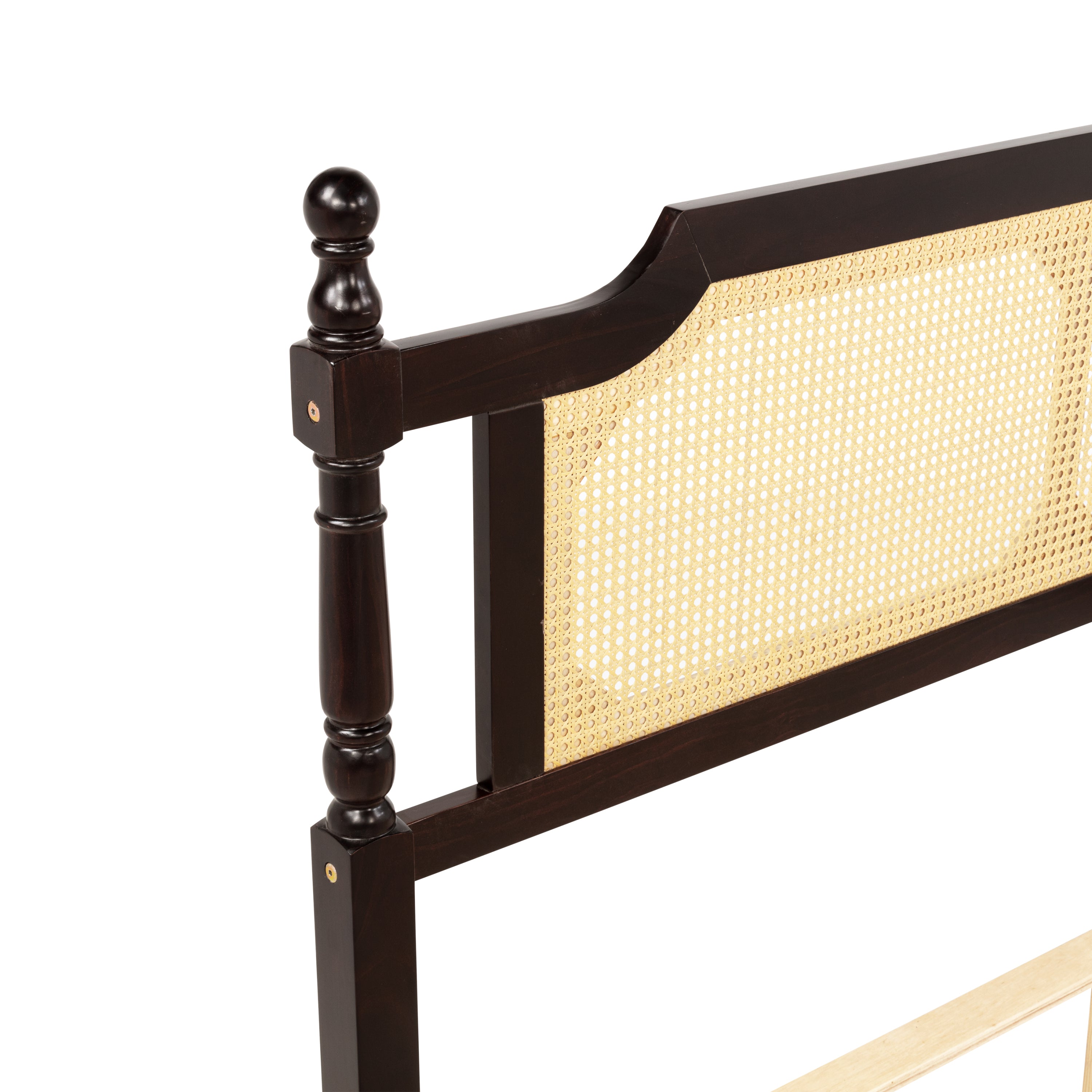 Queen Pine wooden Bed with Rattan Headboard and Footboard, with Central Enhanced Bed Platform ,Espresso