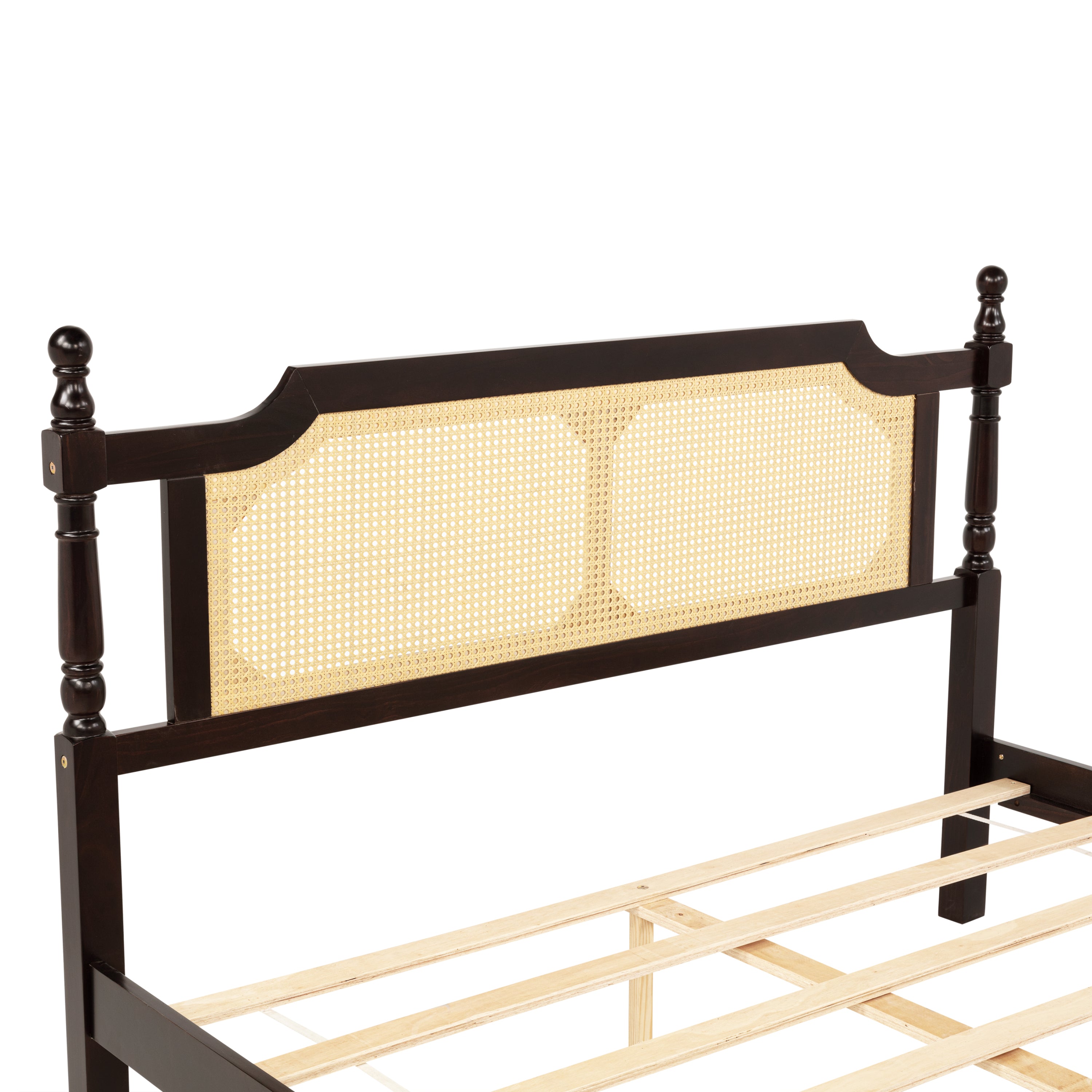 Queen Pine wooden Bed with Rattan Headboard and Footboard, with Central Enhanced Bed Platform ,Espresso