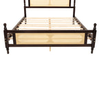 Queen Pine wooden Bed with Rattan Headboard and Footboard, with Central Enhanced Bed Platform ,Espresso
