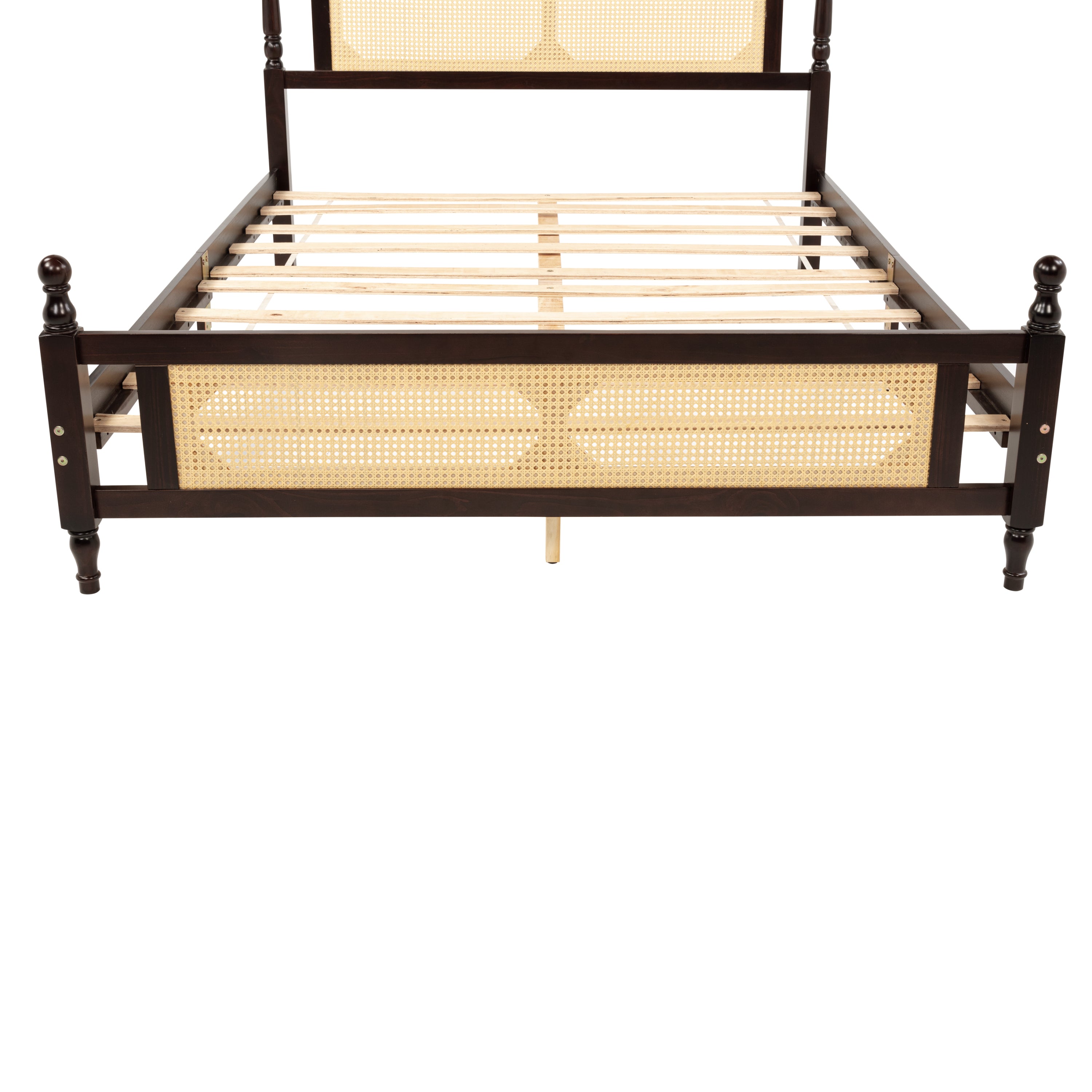 Queen Pine wooden Bed with Rattan Headboard and Footboard, with Central Enhanced Bed Platform ,Espresso