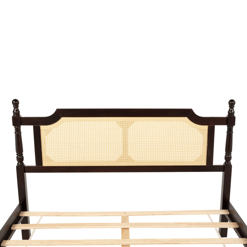 Queen Pine wooden Bed with Rattan Headboard and Footboard, with Central Enhanced Bed Platform ,Espresso