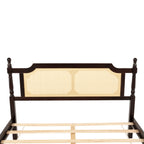 Queen Pine wooden Bed with Rattan Headboard and Footboard, with Central Enhanced Bed Platform ,Espresso