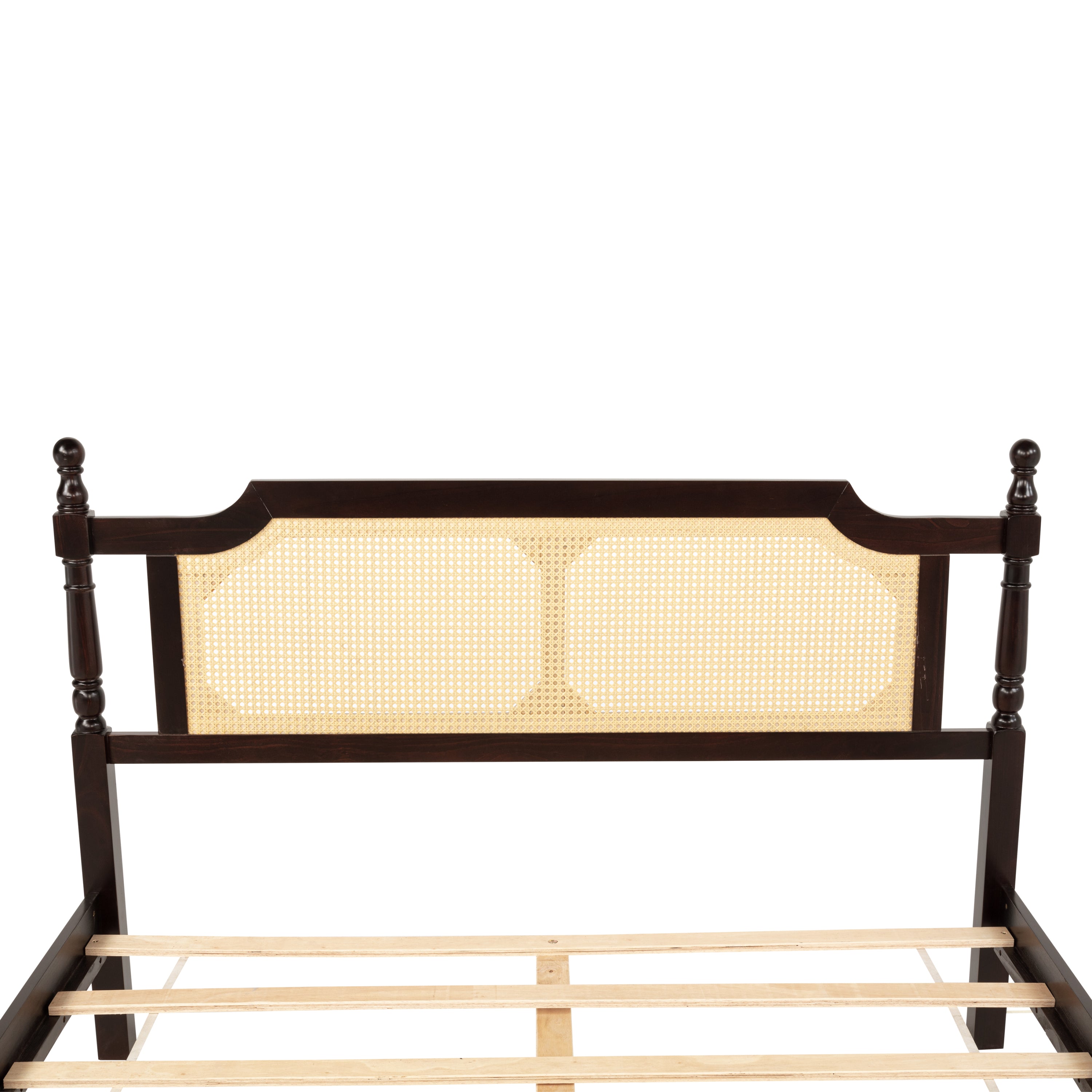 Queen Pine wooden Bed with Rattan Headboard and Footboard, with Central Enhanced Bed Platform ,Espresso