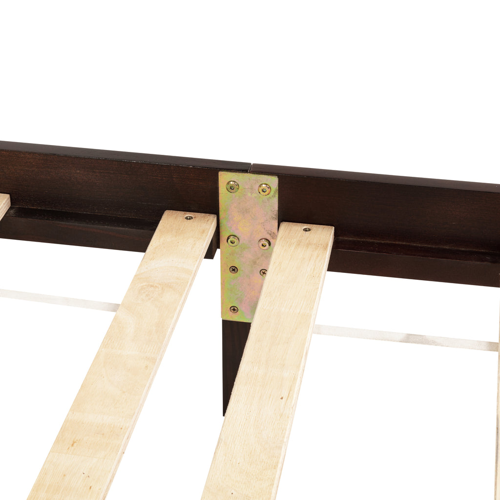 Queen Pine wooden Bed with Rattan Headboard and Footboard, with Central Enhanced Bed Platform ,Espresso