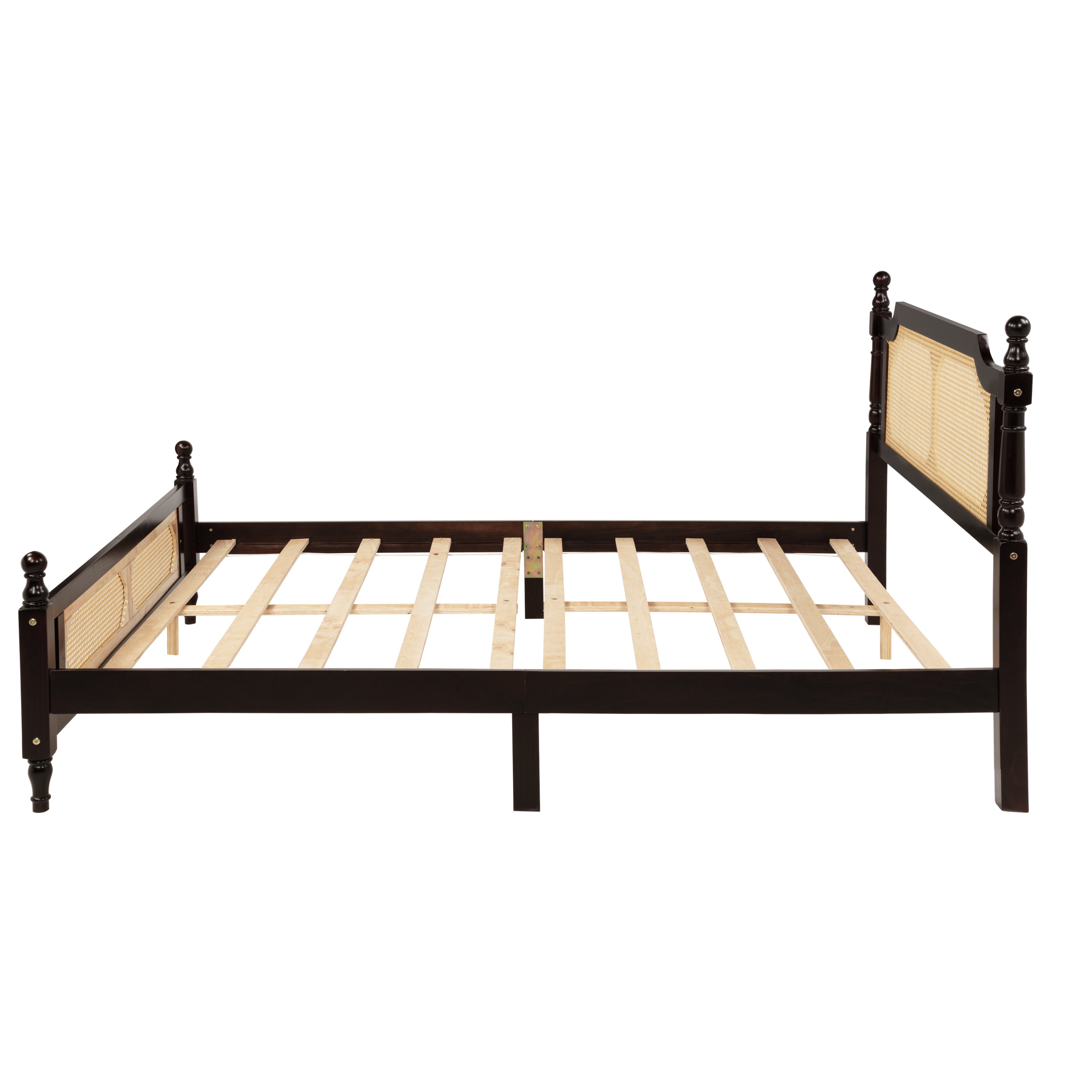 Queen Pine wooden Bed with Rattan Headboard and Footboard, with Central Enhanced Bed Platform ,Espresso