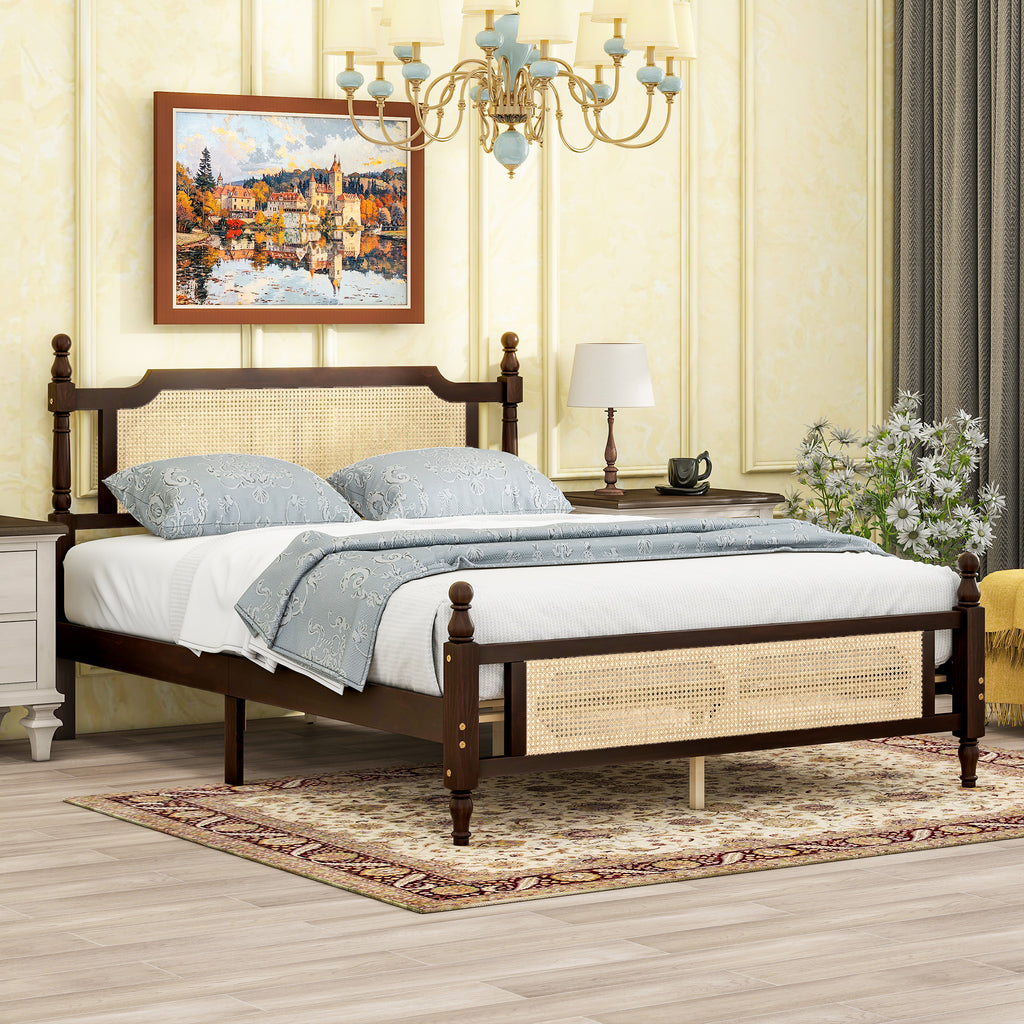 Queen Pine wooden Bed with Rattan Headboard and Footboard, with Central Enhanced Bed Platform ,Espresso