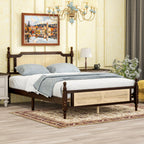 Queen Pine wooden Bed with Rattan Headboard and Footboard, with Central Enhanced Bed Platform ,Espresso