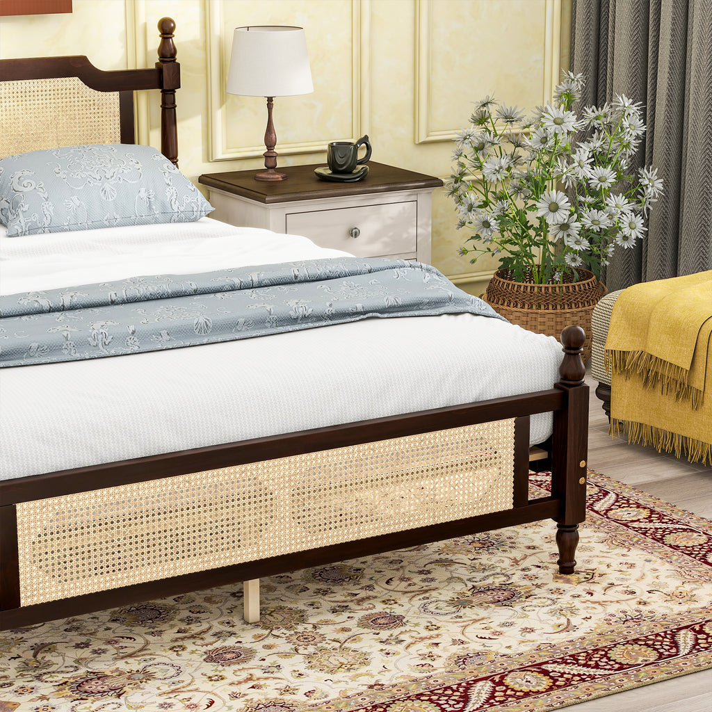 Queen Pine wooden Bed with Rattan Headboard and Footboard, with Central Enhanced Bed Platform ,Espresso