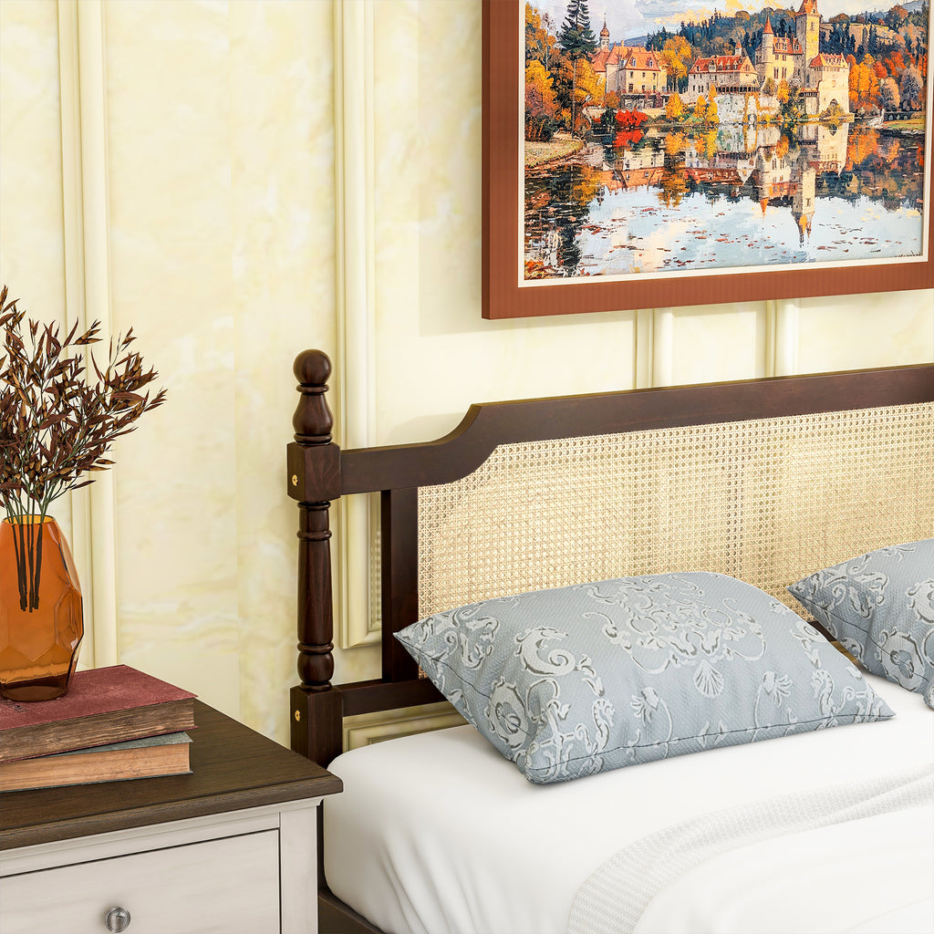 Queen Pine wooden Bed with Rattan Headboard and Footboard, with Central Enhanced Bed Platform ,Espresso