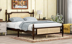 Queen Pine wooden Bed with Rattan Headboard and Footboard, with Central Enhanced Bed Platform ,Espresso