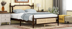 Queen Pine wooden Bed with Rattan Headboard and Footboard, with Central Enhanced Bed Platform ,Espresso