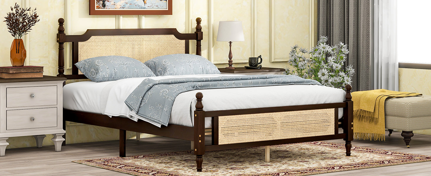 Queen Pine wooden Bed with Rattan Headboard and Footboard, with Central Enhanced Bed Platform ,Espresso