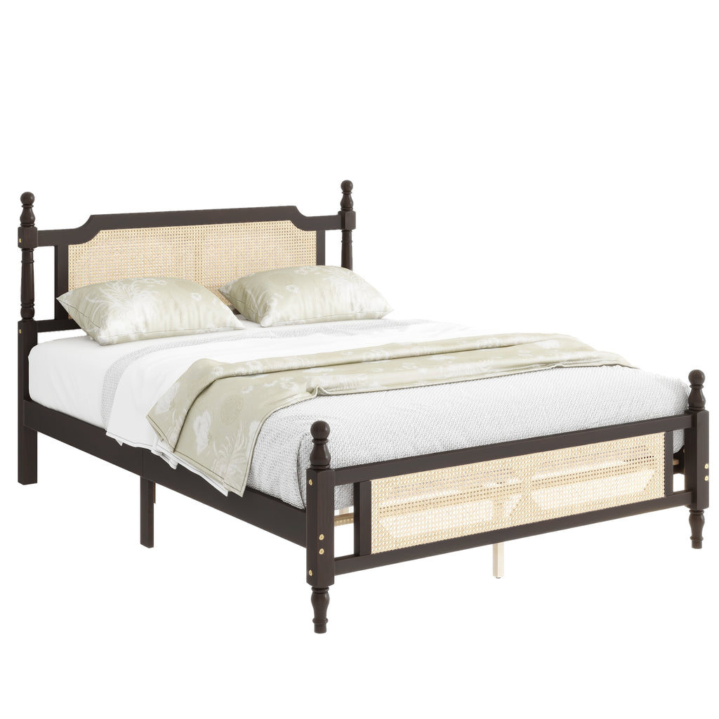 Queen Pine wooden Bed with Rattan Headboard and Footboard, with Central Enhanced Bed Platform ,Espresso