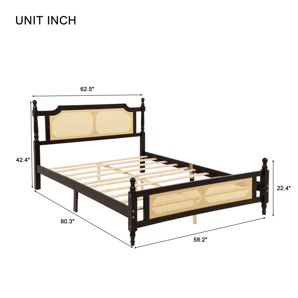 Queen Pine wooden Bed with Rattan Headboard and Footboard, with Central Enhanced Bed Platform ,Espresso