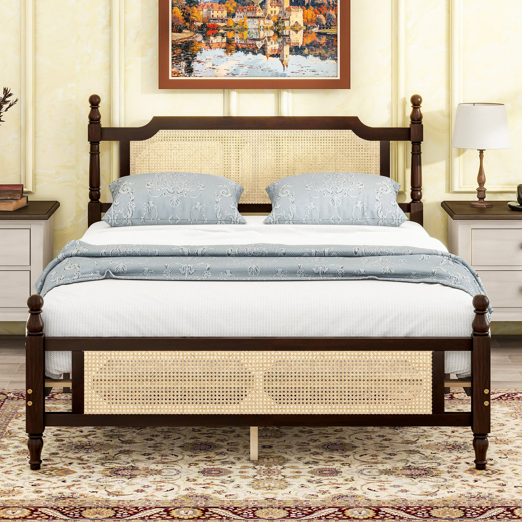 Queen Pine wooden Bed with Rattan Headboard and Footboard, with Central Enhanced Bed Platform ,Espresso