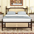 Queen Pine wooden Bed with Rattan Headboard and Footboard, with Central Enhanced Bed Platform ,Espresso