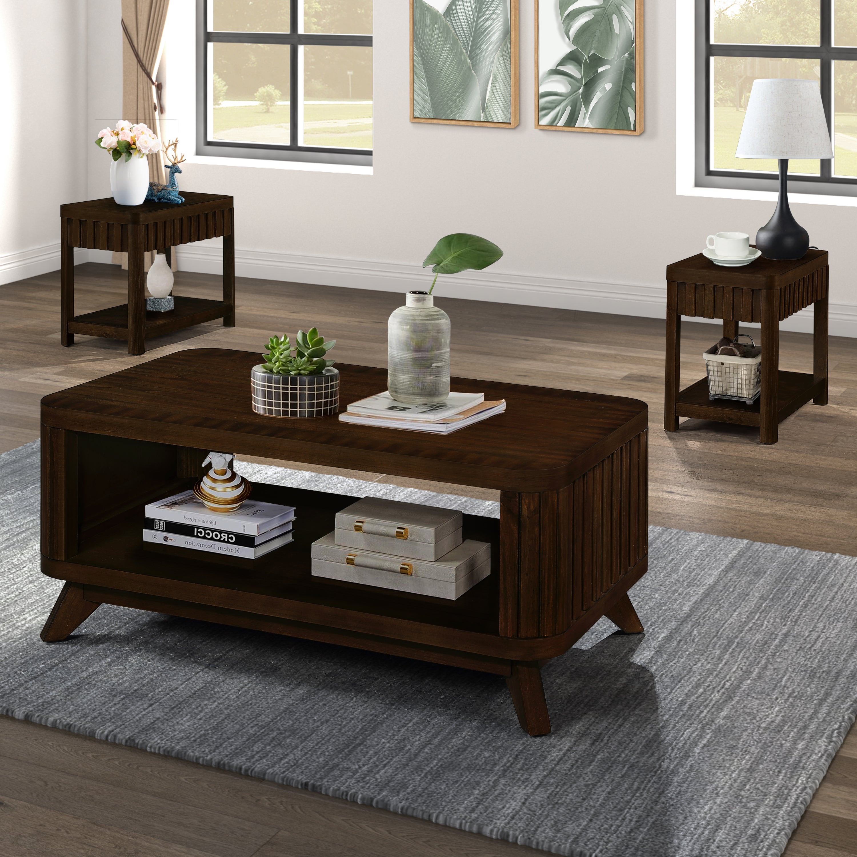 Rectangular Wood Coffee Table for Living Room, 41.5-Inch Coffee Table with Solid Wood Legs, Wood Center Table Tea Table with Open Storage Shelf. Easy Assembly,  Espresso