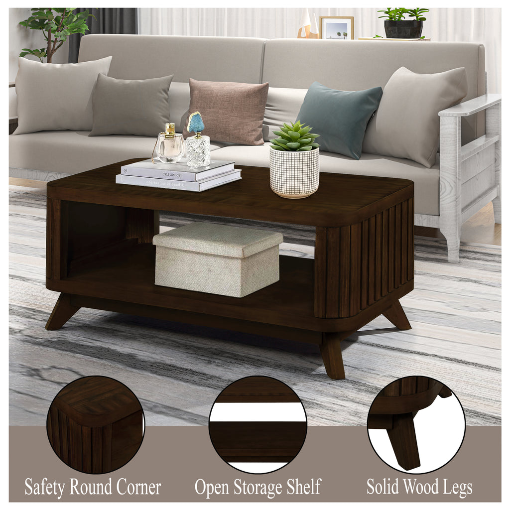 Rectangular Wood Coffee Table for Living Room, 41.5-Inch Coffee Table with Solid Wood Legs, Wood Center Table Tea Table with Open Storage Shelf. Easy Assembly,  Espresso