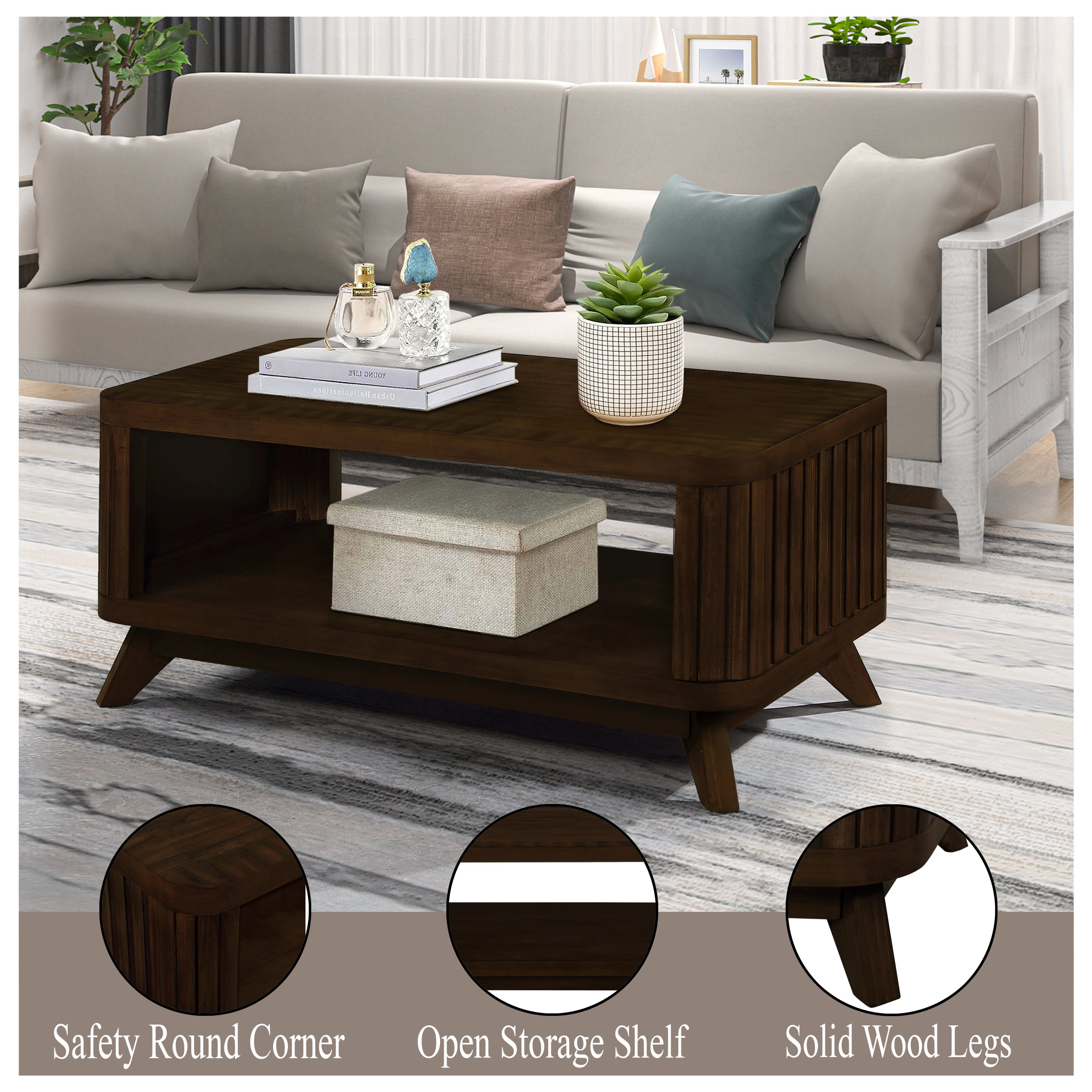 Rectangular Wood Coffee Table for Living Room, 41.5-Inch Coffee Table with Solid Wood Legs, Wood Center Table Tea Table with Open Storage Shelf. Easy Assembly,  Espresso