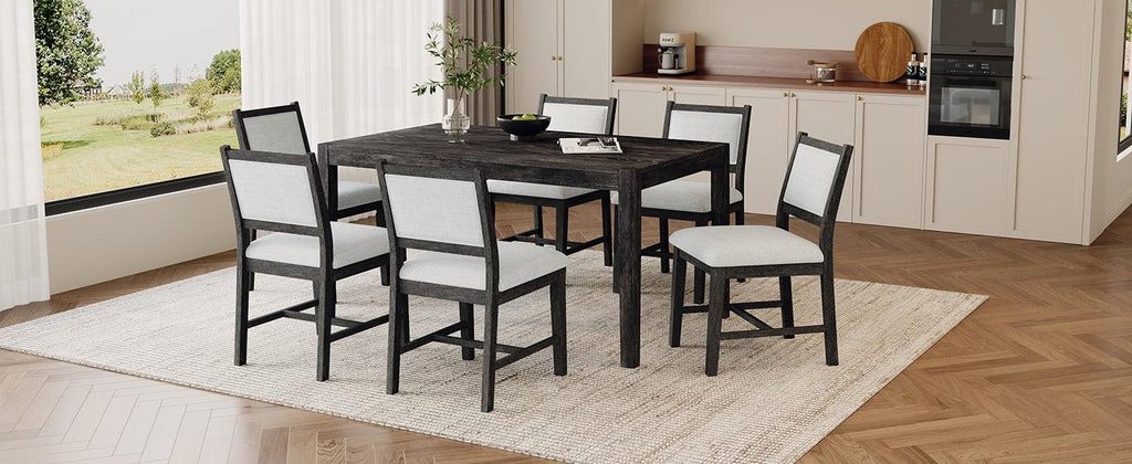 TREXM 7-Piece Retro Dining Table Set for 6, 1 Rectangular Wood Dining Table Set for 6 with Upholstered Chairs for Dining Room and Kitchen (Espresso)