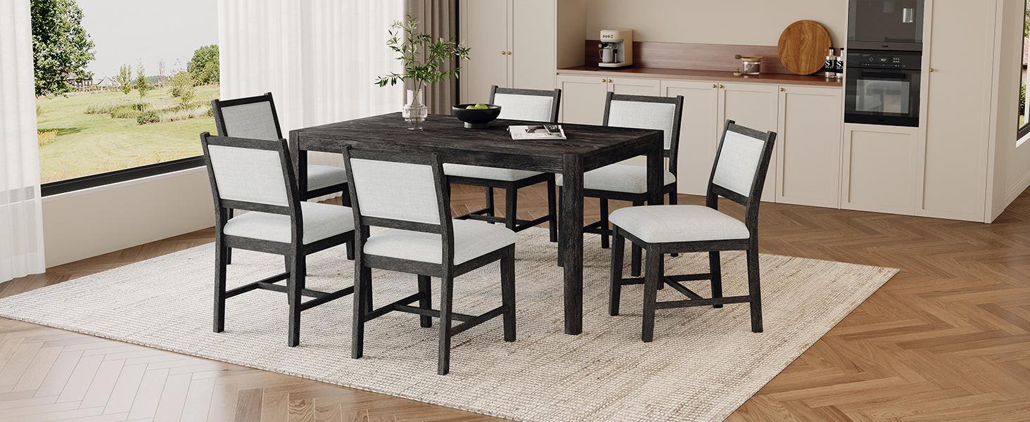 TREXM 7-Piece Retro Dining Table Set for 6, 1 Rectangular Wood Dining Table Set for 6 with Upholstered Chairs for Dining Room and Kitchen (Espresso)