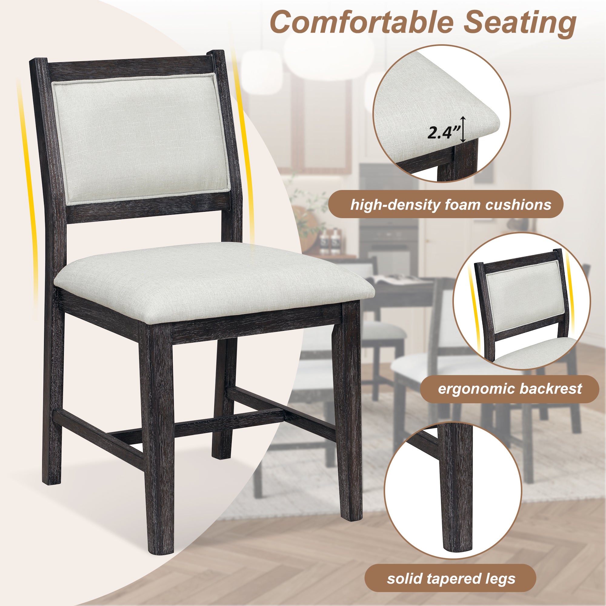 TREXM 7-Piece Retro Dining Table Set for 6, 1 Rectangular Wood Dining Table Set for 6 with Upholstered Chairs for Dining Room and Kitchen (Espresso)