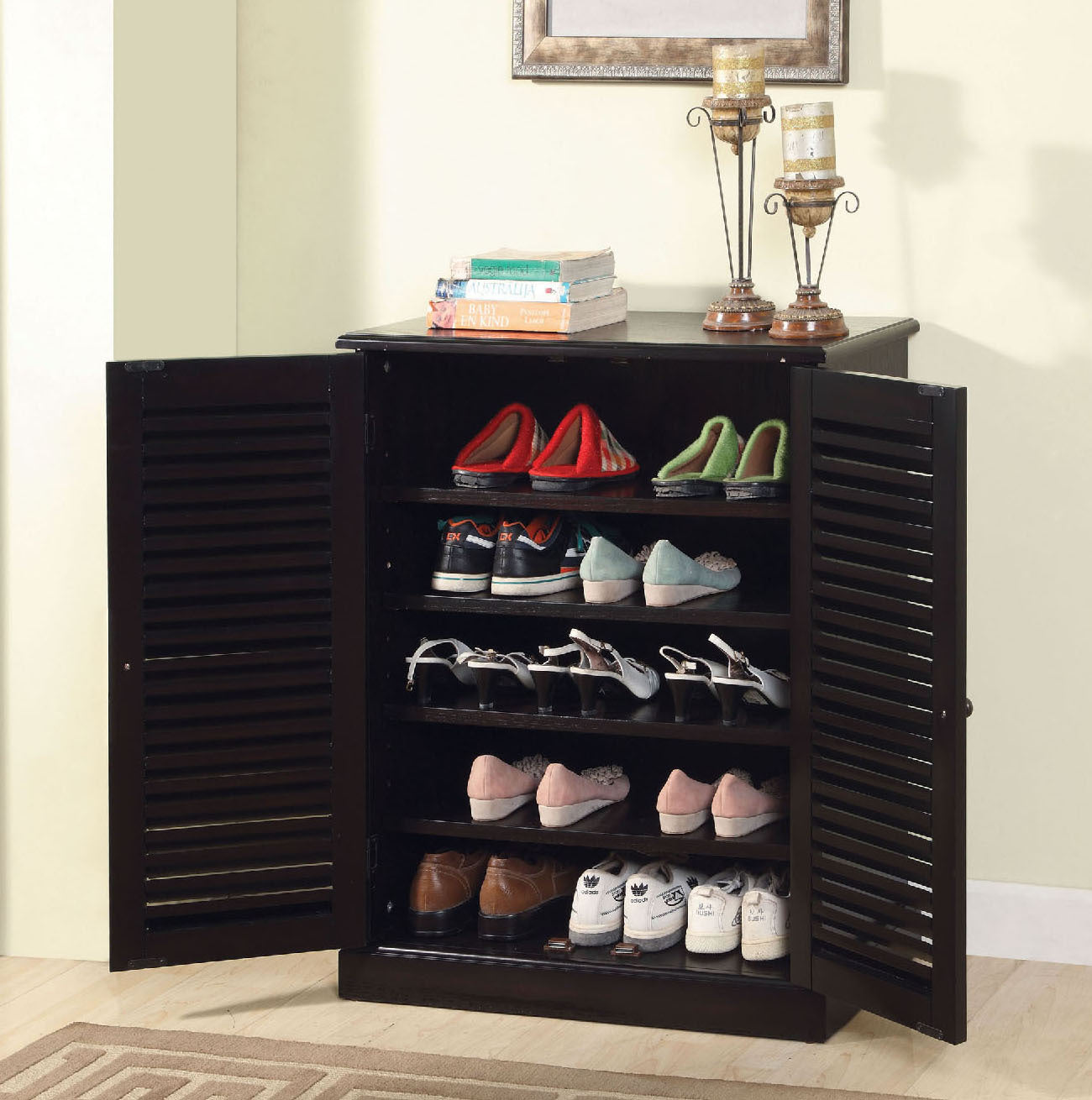 Shoe Cabinet with 5 Shelves and Louvered Doors, Espresso
