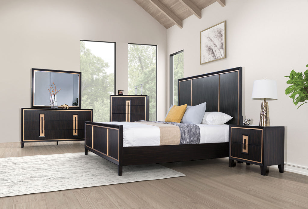 Bedroom Furniture 1pc Queen Size Bed Espresso High Panel Headboard Gold Accent Trim