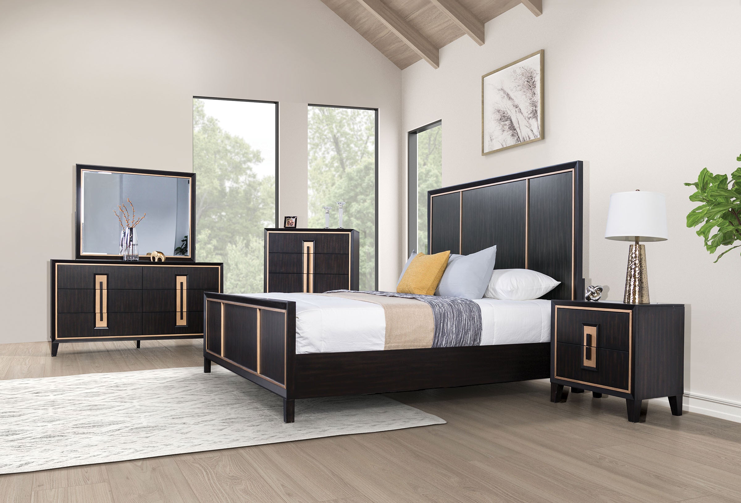 Bedroom Furniture 1pc Queen Size Bed Espresso High Panel Headboard Gold Accent Trim