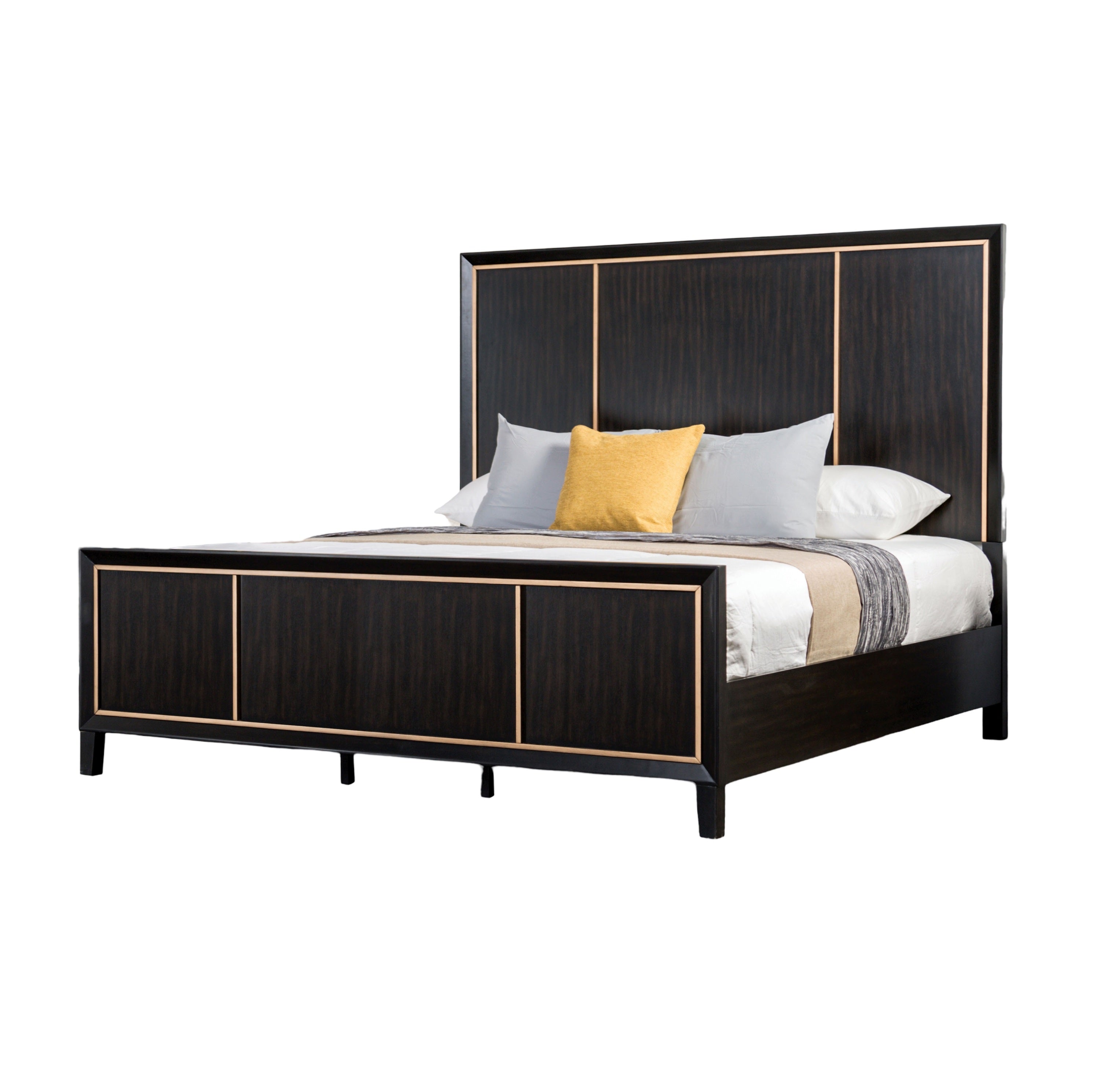 Bedroom Furniture 1pc Queen Size Bed Espresso High Panel Headboard Gold Accent Trim