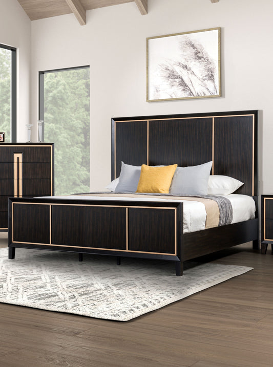 Bedroom Furniture 1pc Queen Size Bed Espresso High Panel Headboard Gold Accent Trim