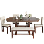 TOPMAX 6 Pieces 78inch Extendable Wood Dining Table Set with Bench, Traditional Kitchen Table Set with 18inch Removable Leaf and 4 Upholstered Dining Chairs, Espresso+Beige Dining Table Set