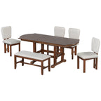 TOPMAX 6 Pieces 78inch Extendable Wood Dining Table Set with Bench, Traditional Kitchen Table Set with 18inch Removable Leaf and 4 Upholstered Dining Chairs, Espresso+Beige Dining Table Set