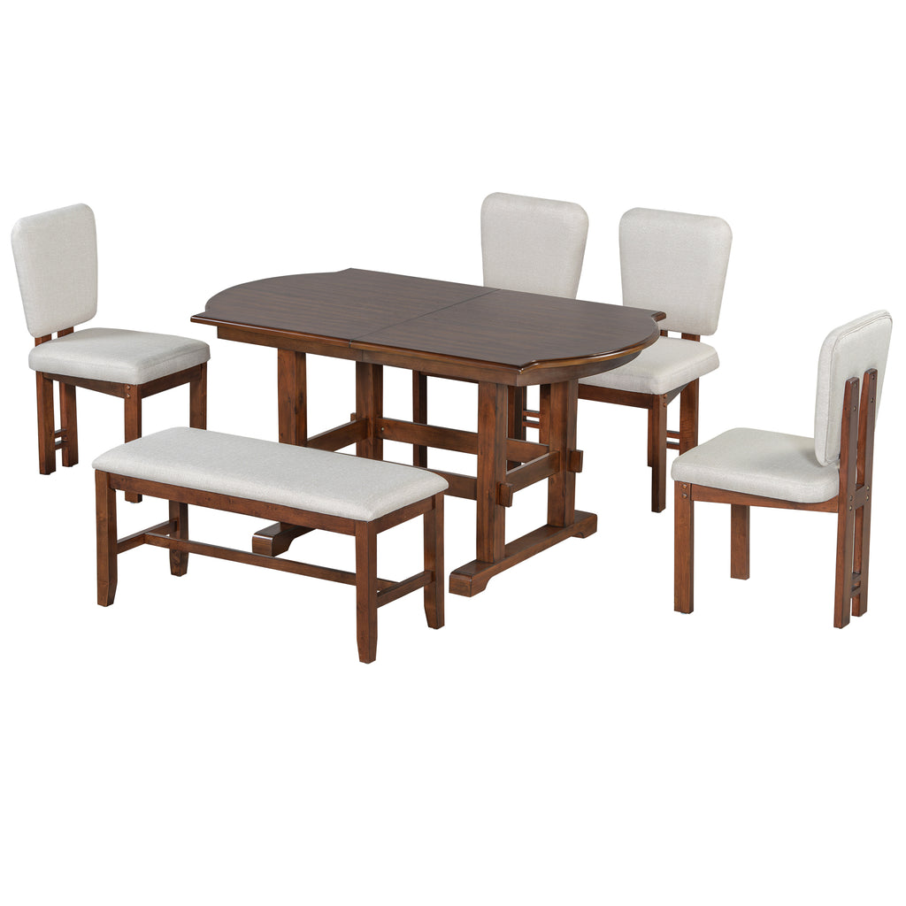 TOPMAX 6 Pieces 78inch Extendable Wood Dining Table Set with Bench, Traditional Kitchen Table Set with 18inch Removable Leaf and 4 Upholstered Dining Chairs, Espresso+Beige Dining Table Set