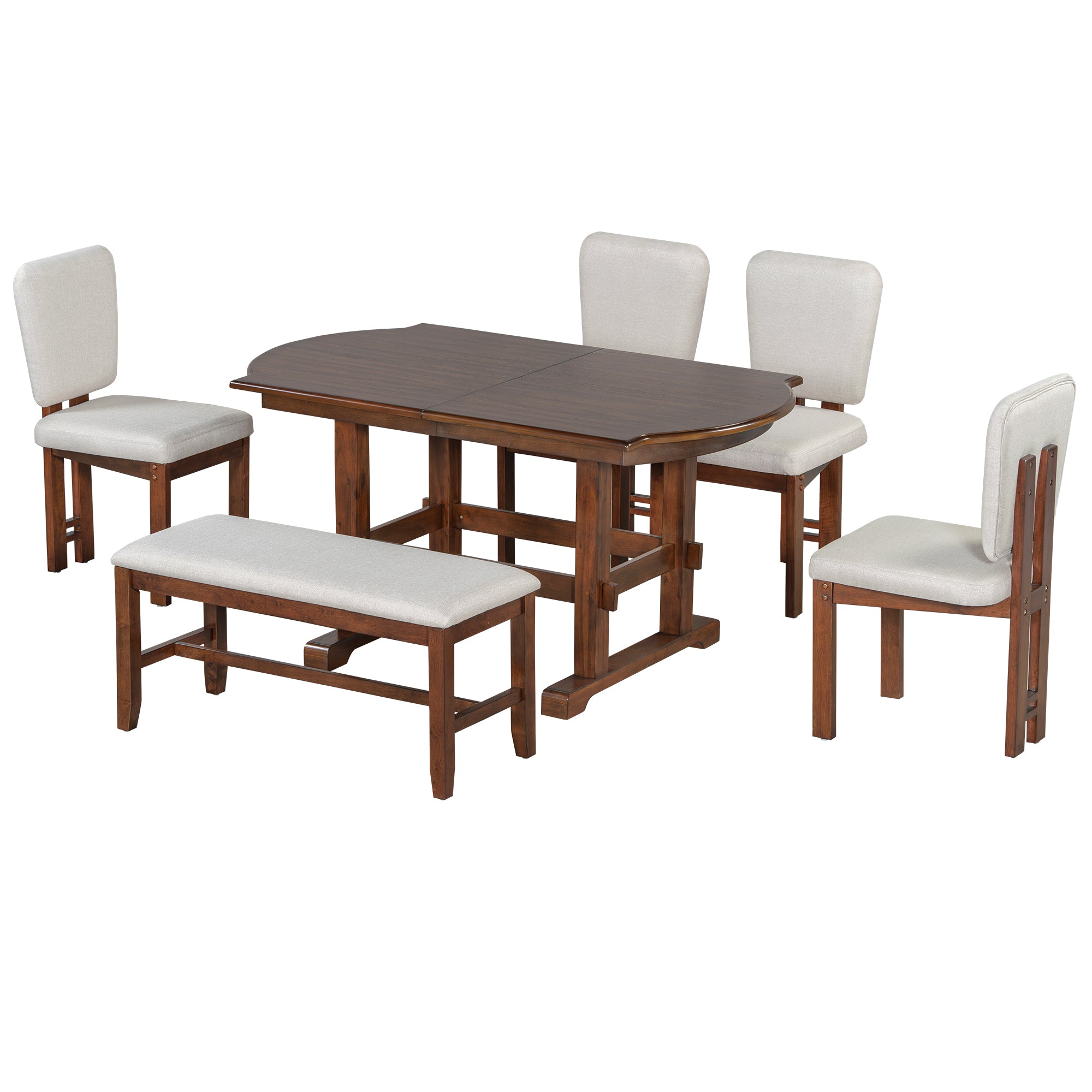 TOPMAX 6 Pieces 78inch Extendable Wood Dining Table Set with Bench, Traditional Kitchen Table Set with 18inch Removable Leaf and 4 Upholstered Dining Chairs, Espresso+Beige Dining Table Set